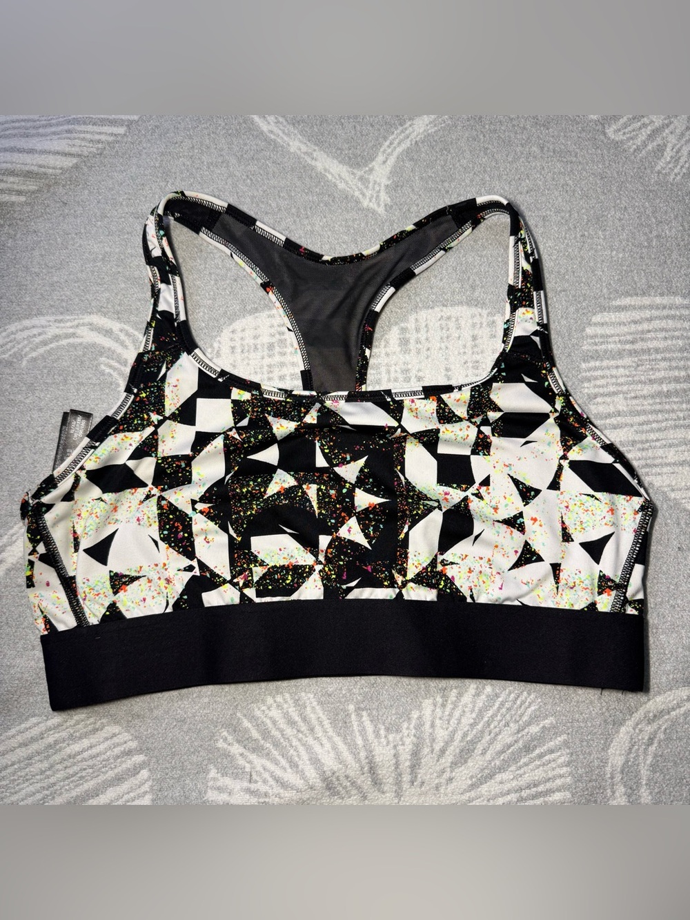 Victoria's Secret Black & White Geometric Sports Bra with Multicolor Speckle